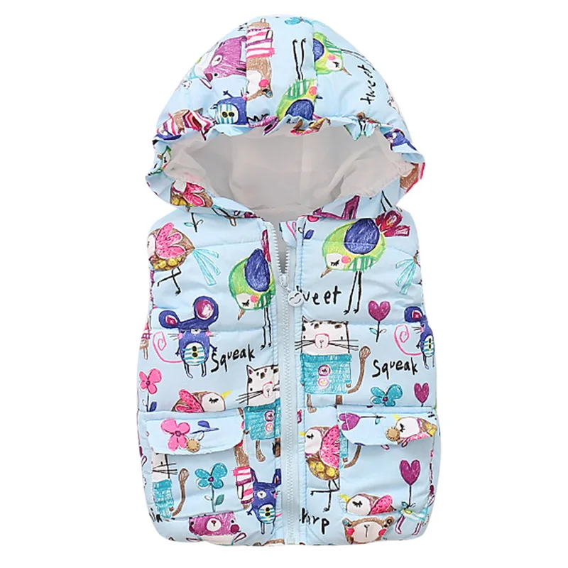 light blue Теплые детские жилеты на осень и зиму, верхняя одежда с рисунком для девочек, детские куртки с капюшоном без рукавов, парки, хлопковое пальто для малышей - Цвет: light blue