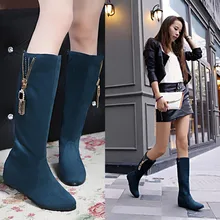 2015 women winter boots girls warm increase med heel 5cm shoe polish Knight boots plus size 42 43 Zipper decoration knees boot