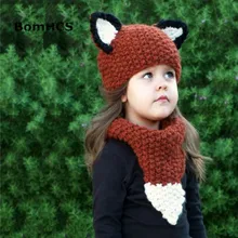 BomHCS Scarf& Cap Suit Autumn Winter Kids Warm Handmade Knit Beanie Cartoon Fox Funny Hat(fit the head 45-50cm
