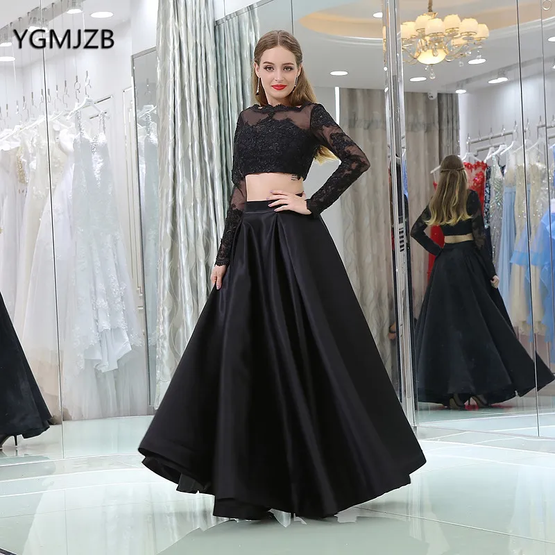 

New Arrival Long Black Evening Dresses 2018 A-Line Long Sleeve Appliques Lace Evening Gown Two Piece Prom Dress Vestido De Festa