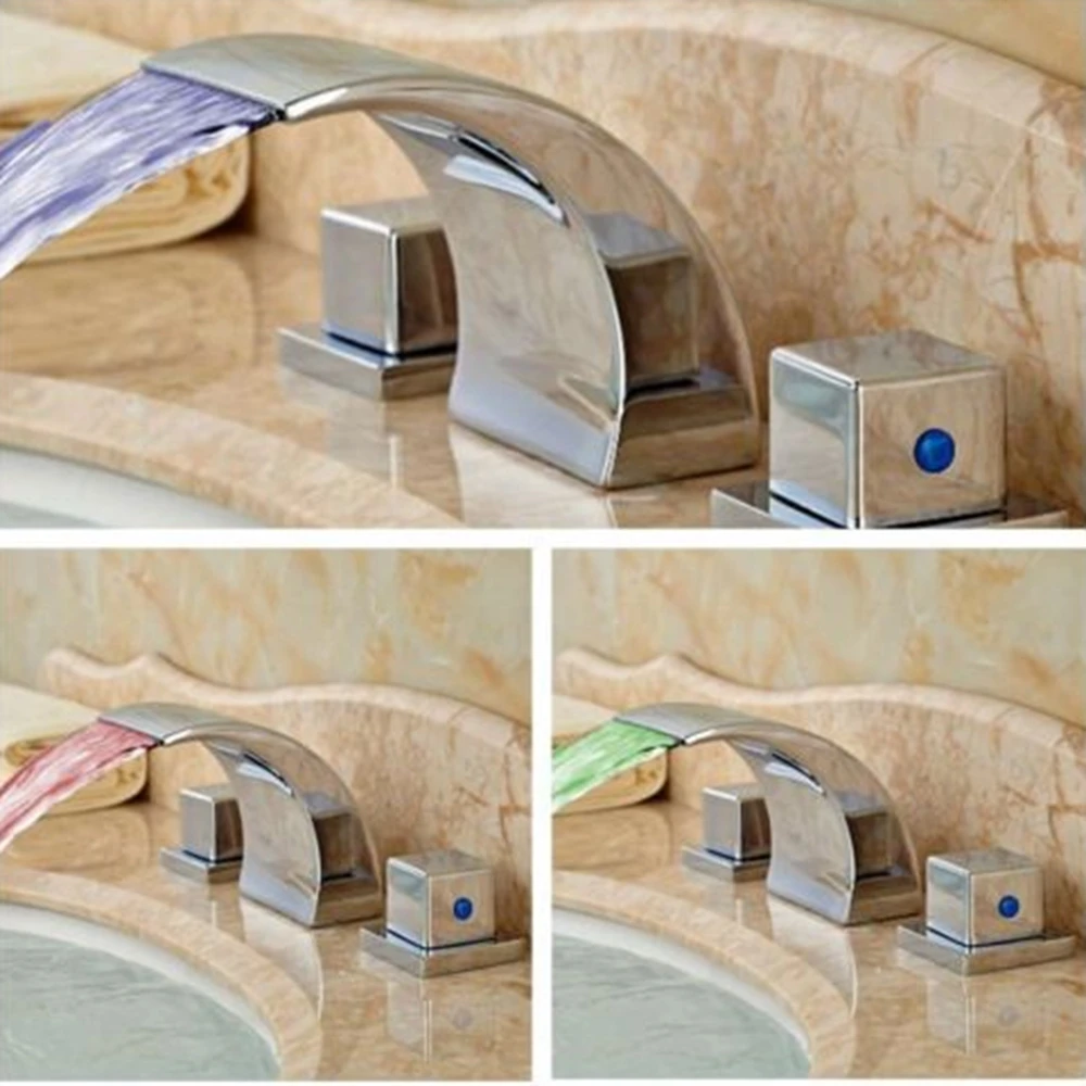 

Uythner Modern Square Waterfall Bathroom Basin Faucet LED Sink Mixer Tap Dual Handle Tap