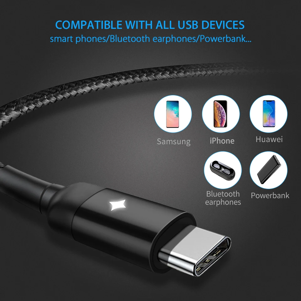3 А Быстрая зарядка QC 3,0 светодиодный светильник Usb type C кабель Usb C кабель Быстрая зарядка для Xiaomi Mi A3 A2 9t cc9 samsung Galaxy A50 S10