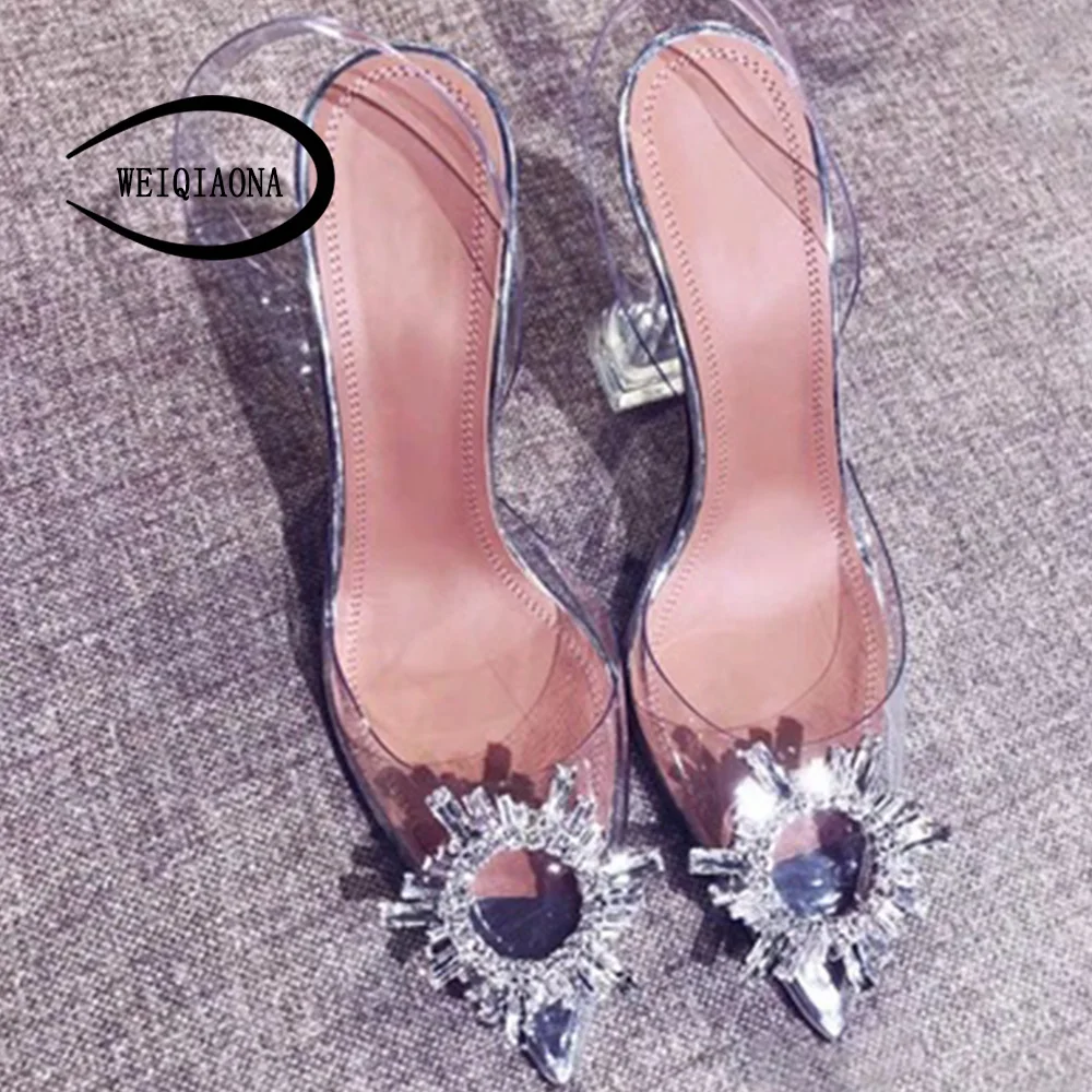 WEIQIAONA sexy Pointed ankle strap woman Fashion crystal shoes Rough with high heels transparent ladies high heel Wedding Sandal