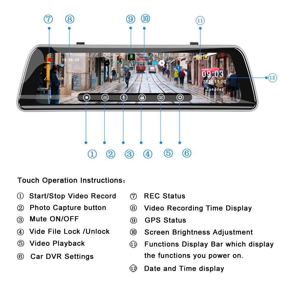 Phisung потоковая 9,3" ips сенсорная Автомобильная зеркальная видеокамера gps трек WDR FHD 1080P видеорегистратор с 720P камера заднего вида DVR