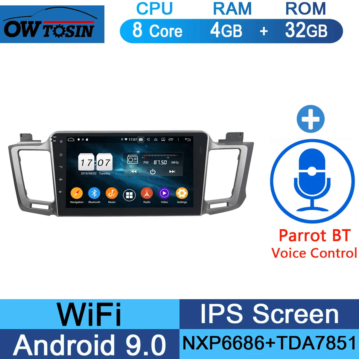 10," ips Android 9,0 8 ядерный 4 Гб+ 64 ГБ Автомобильный мультимедийный плеер для Toyota RAV4 2013 gps Радио CarPlay - Цвет: 32G Parrot BT