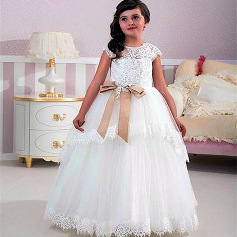 

Elegant Flower Girl Dresses First Communion Dresses For Girls Applique Sleeveless Gown White Lace Bow For Kids Dresses