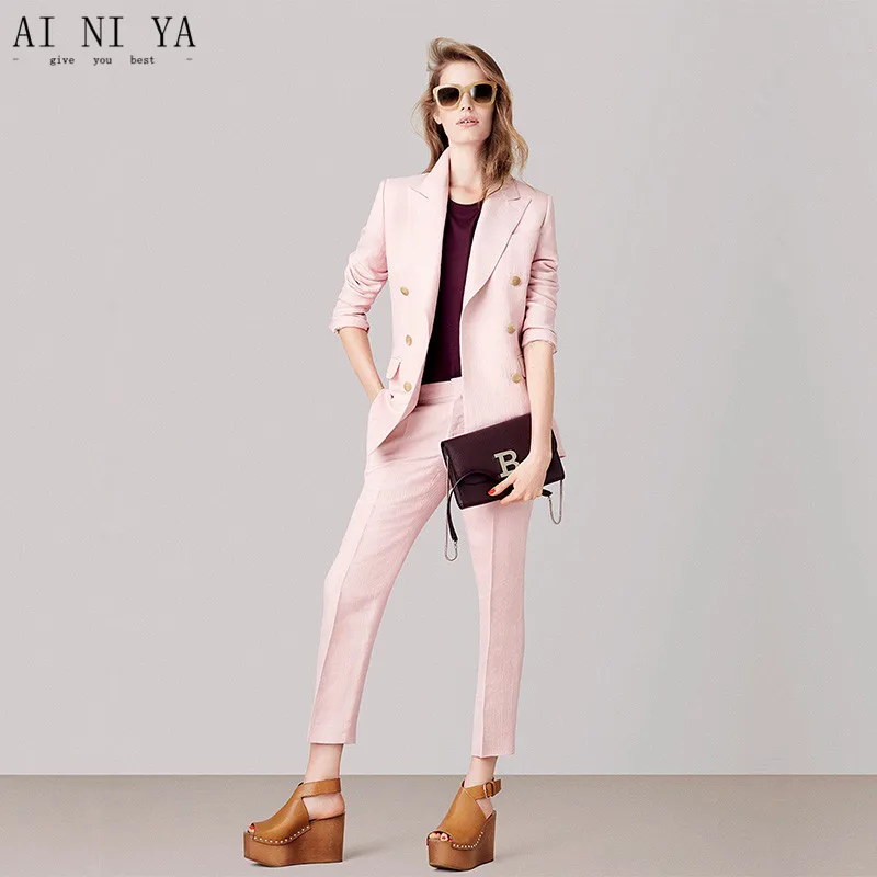 121-1 Jacket+Pants Pink Womens Business Suits Female Office Uniform 2 Piece Ladies Winter Formal Trouser Suit Double Breasted Cusotm