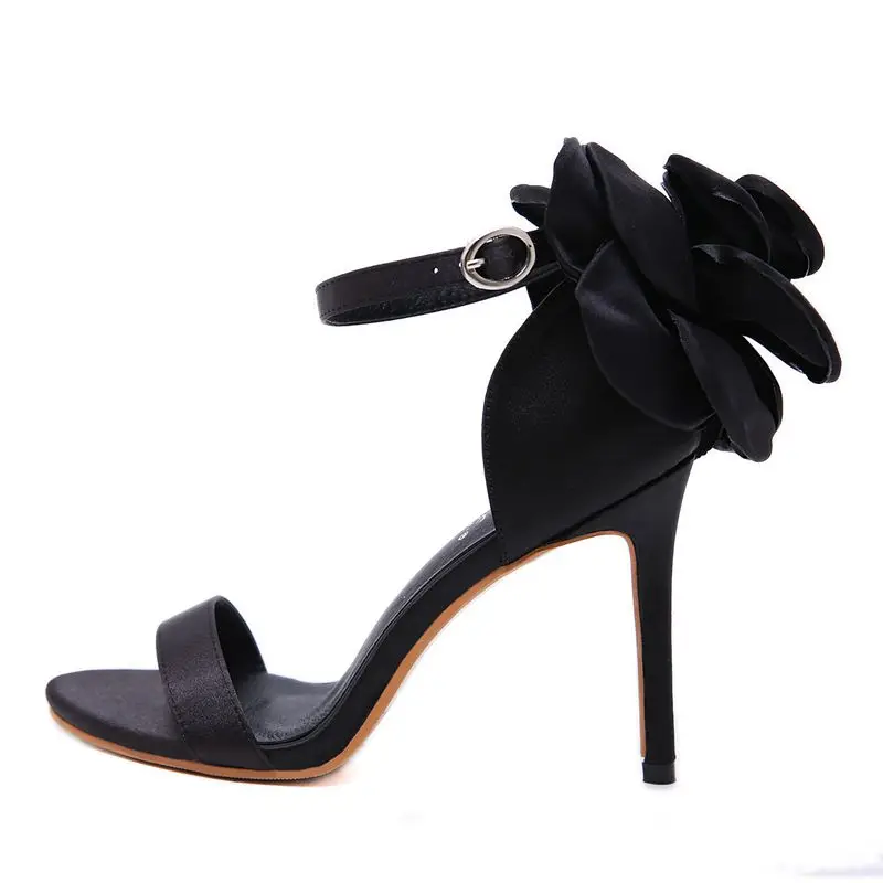 Женские босоножки; летние туфли на высоком каблуке-шпильке; черные босоножки с большим цветком; женские туфли-лодочки; женские модельные туфли с пряжкой для вечеринок