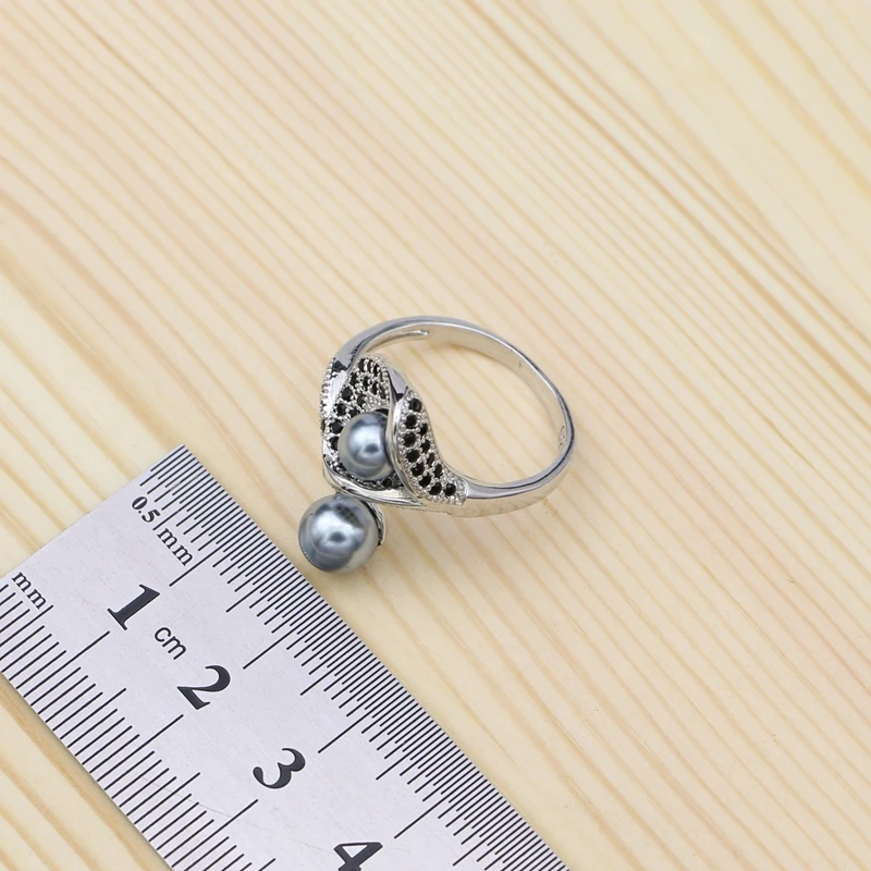 Ceny Szara perła 925 srebro biżuteria ustawia czarny cyrkonia dla kobiet Party Horn kształt spadek kolczyki otwarty wisiorek obrączka naszyjnik zestaw