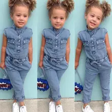Джинсовый комбинезон с короткими рукавами для новорожденных и маленьких девочек, длинные штаны, комбинезоны, костюм для подвижных игр, летняя одежда