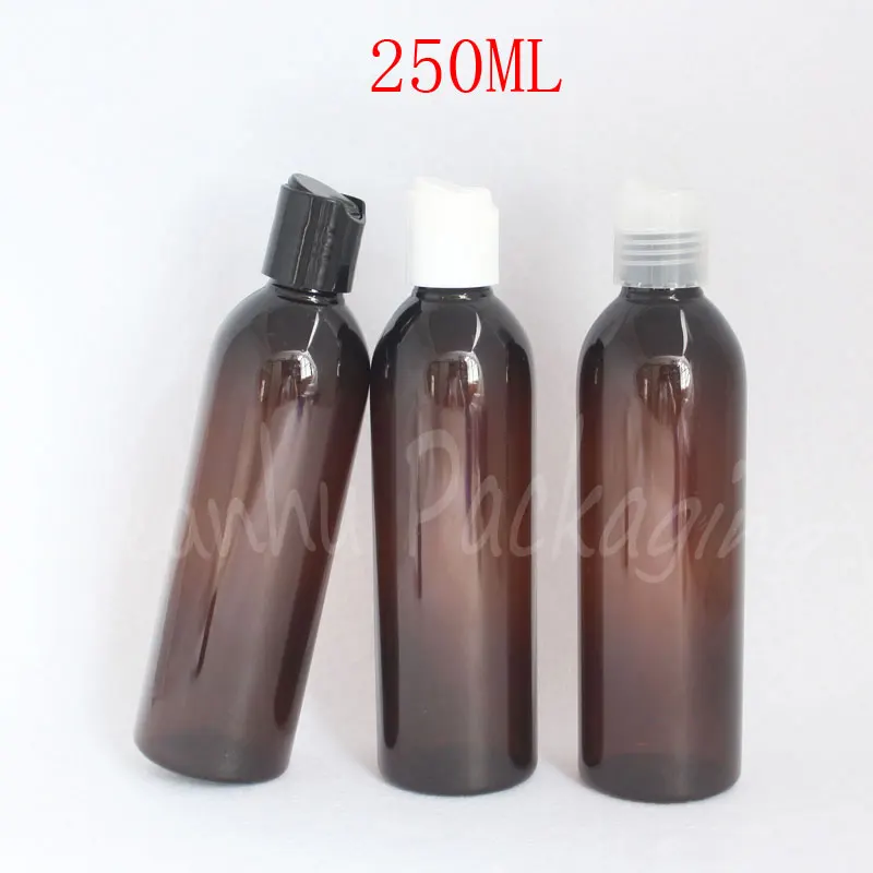Download 250ML Brown Round Plastic Bottle Disc Top Cap , 250CC Shampoo / Lotion Packaging Bottle , Empty ...