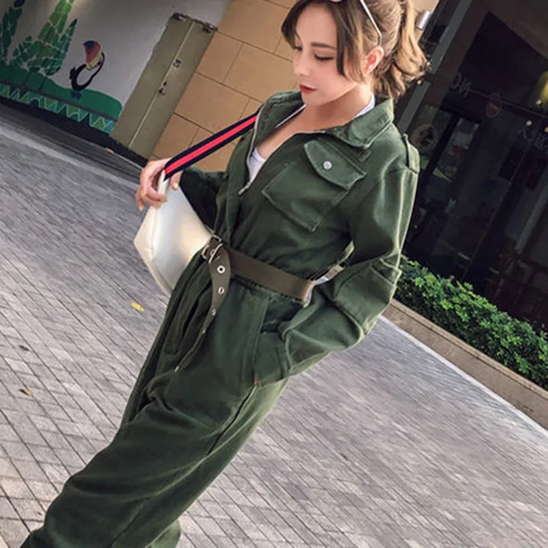 

Personality Denim Overalls Cowboy Safari Style Long Sleeve ArmyGreen Fit Jeans Jumpsuit Romper Slim Work Wear With Free Belt