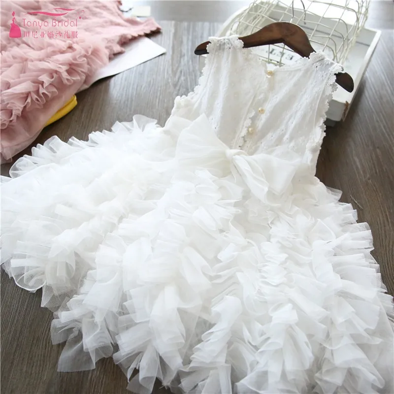 New Flower Girl Dresses Tiered Pink Girl Beauty Pageant Party Dress White Communion Dress For Kids JQ205