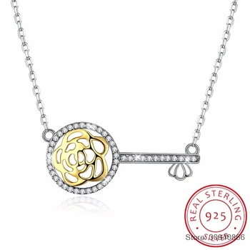 

SMTCAT 925 Sterling Silver Women Necklace Crystal from Fine Jewelry Crystal Rose Flower Key Pendant Necklace