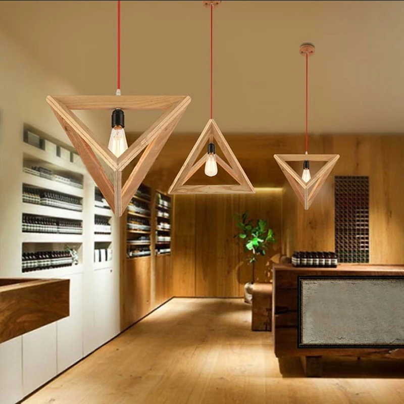 

Triangle Oak Pendant Light Art Decorative Wooden Hanging Lamp LED E27 Europe Style Restaurant Cafe Foyer Modern Fixture Dynasty
