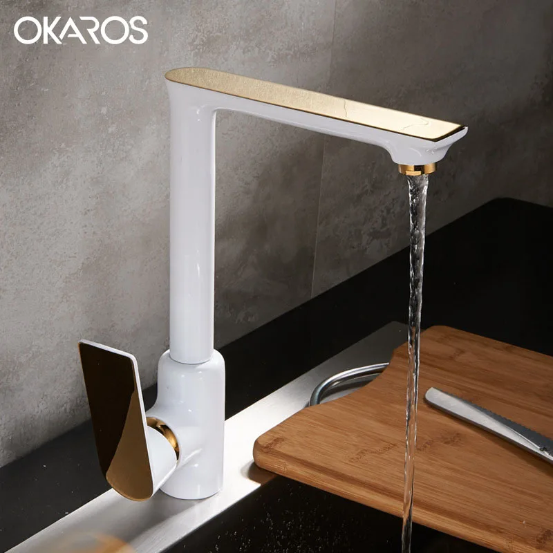 OKAROS, кухонный кран, белый кран, твердая латунь, белая краска, запеченный с золотой отделкой, вращение на 360 градусов, одна ручка, C028 - Цвет: C028-White