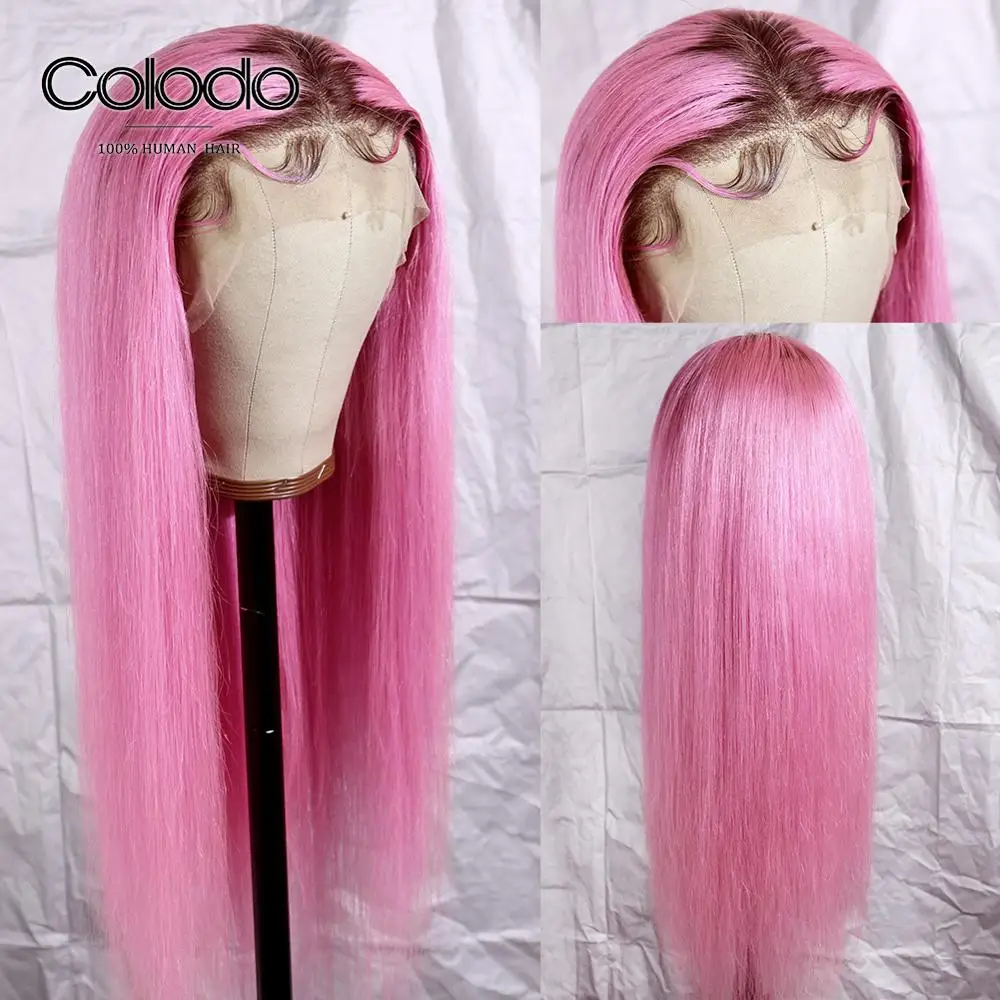 

COLODO 13x4 Pre Plucked Lace Front Wig Pink Ombre Human Hair Wig with BabyHair Remy Brazilian Straight Human Hair Wigs for Women