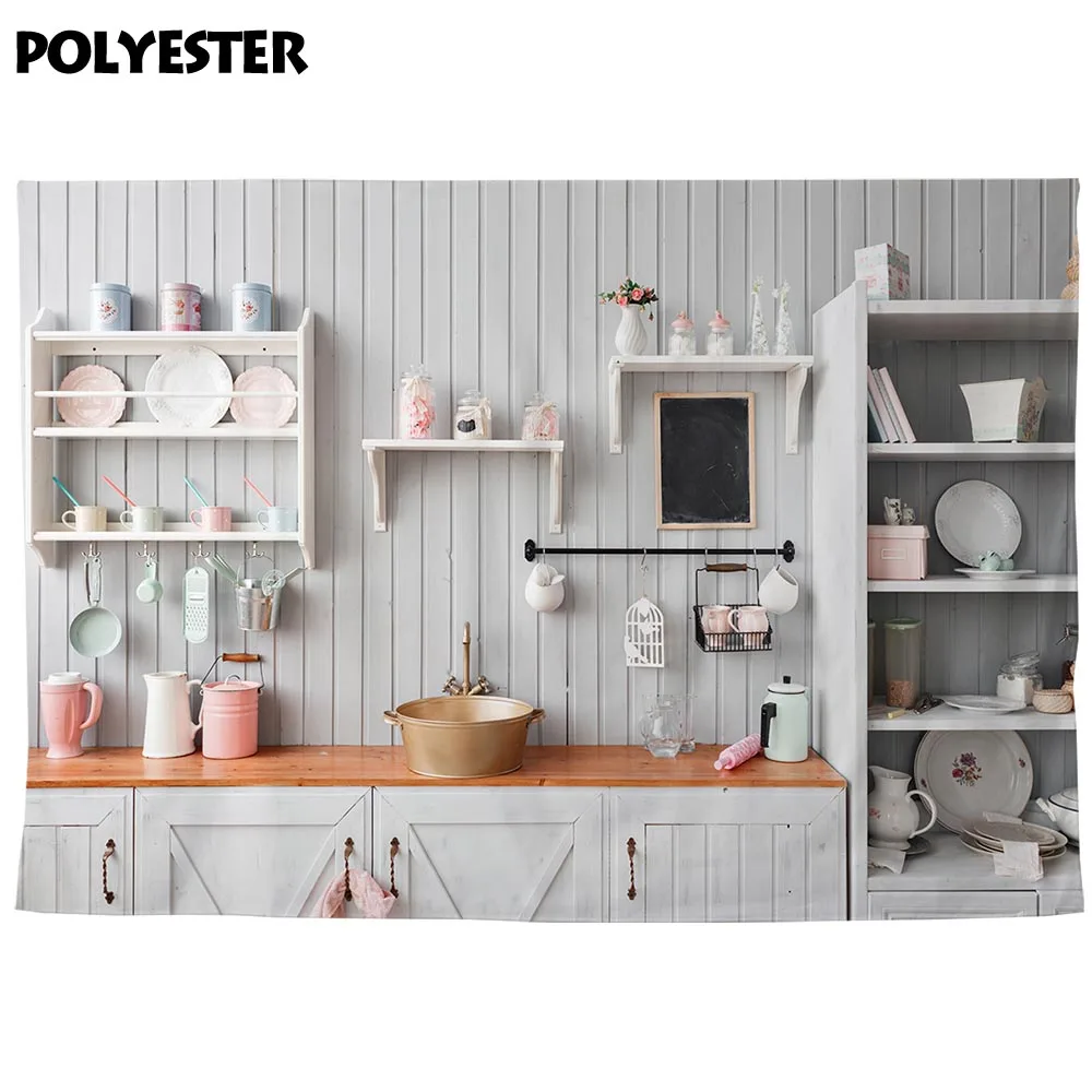 Allenjoy Kitchen Backdrop Photography White Wood Cupboard Kitchenware Portrait Photocall Photobooth Banner Fabric Background