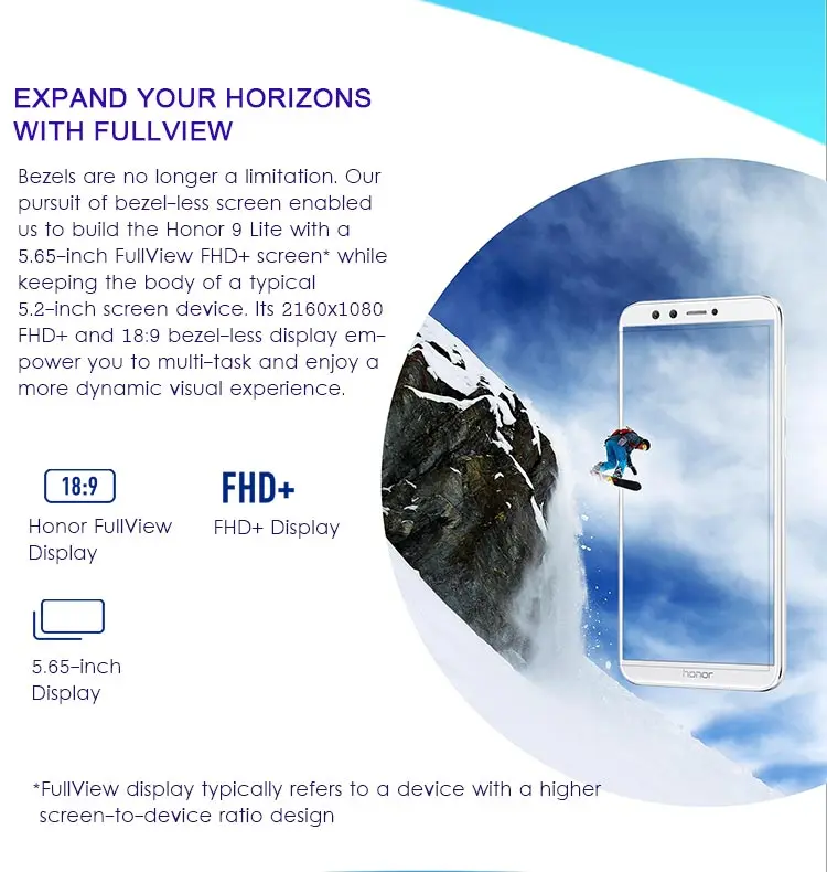 HUAWEI HONOR 9 LITE 3GB RAM 32GB ROM Hisilicon Kirin 659 2.36GHz Octa Core 5.65 Inch FHD+ Full Screen Quad Camera Android 8.0 4G LTE Smartphone