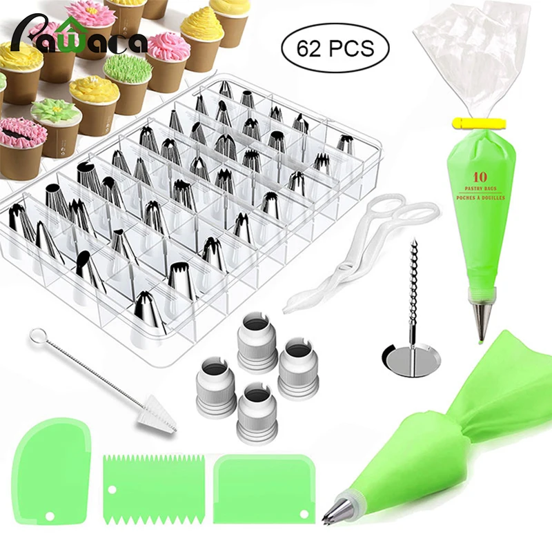 

62pcs Cake Decorating Supplies Cake Baking Tools with 36 Stainless Steel Icing Piping Tip Russian Pastry Nozzles Set Pastry Bags