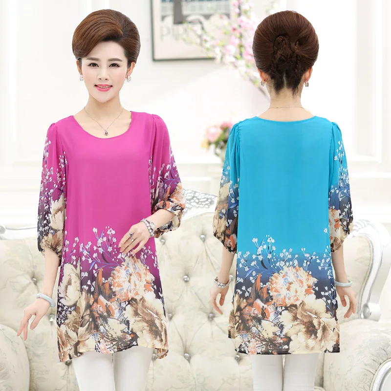 

2019 summer new large size women blouse in the long section of Slim short sleeve printed chiffon blouse shirt Elegant tops