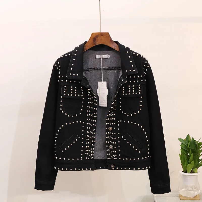 

Black Denim Jacket Fashion Rivet Spring Autumn Women Coats Lapel Single Breasted Basic Outwear Big size Women Jeans Jacket Coat