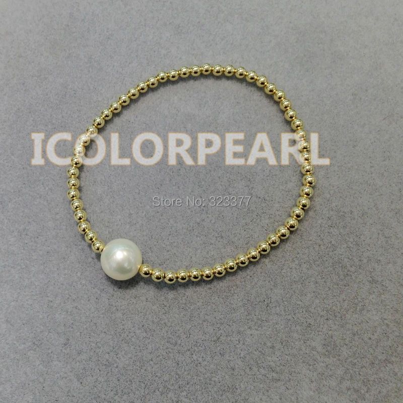 Classic 3mm 14K Gold Plated Bead And 8-9mm Round Natural Freshwater Pearl Bracelet On Elastic.Lovely Jewelry Gift For All Girls!