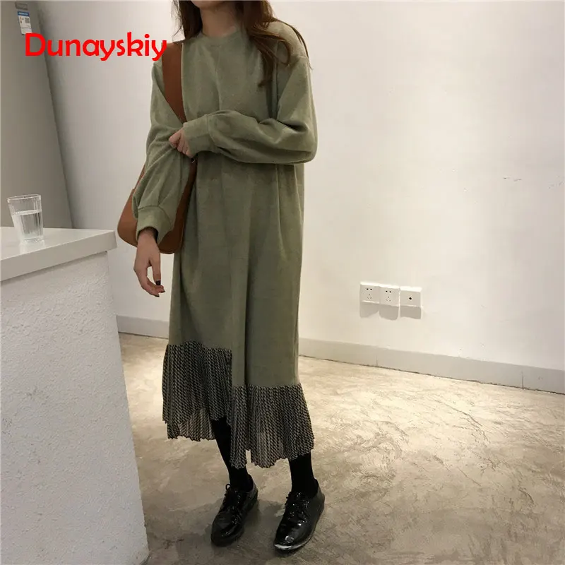 

Women Autumn Pullover Plus Size Straight Long Dress Female Ruffle Fake Two Piece Vestido Robe Femme Loose Long Sleeve Sarafan