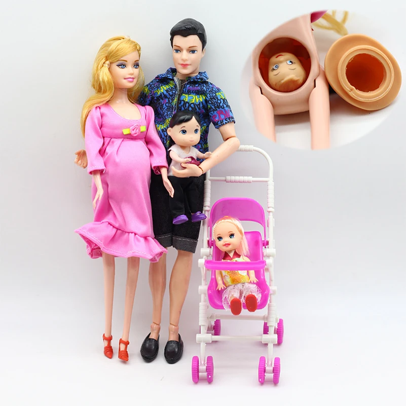 6pcs Happy Family Kit Toy Dolls Pregnant Babyborn Ken&Wife with Mini Stroller Carriages For Baby Dolls Child Toys For Girls Gift dollhouses toys happy family theme villa house princess house room toy suit with light music furniture kits girl child doll gift