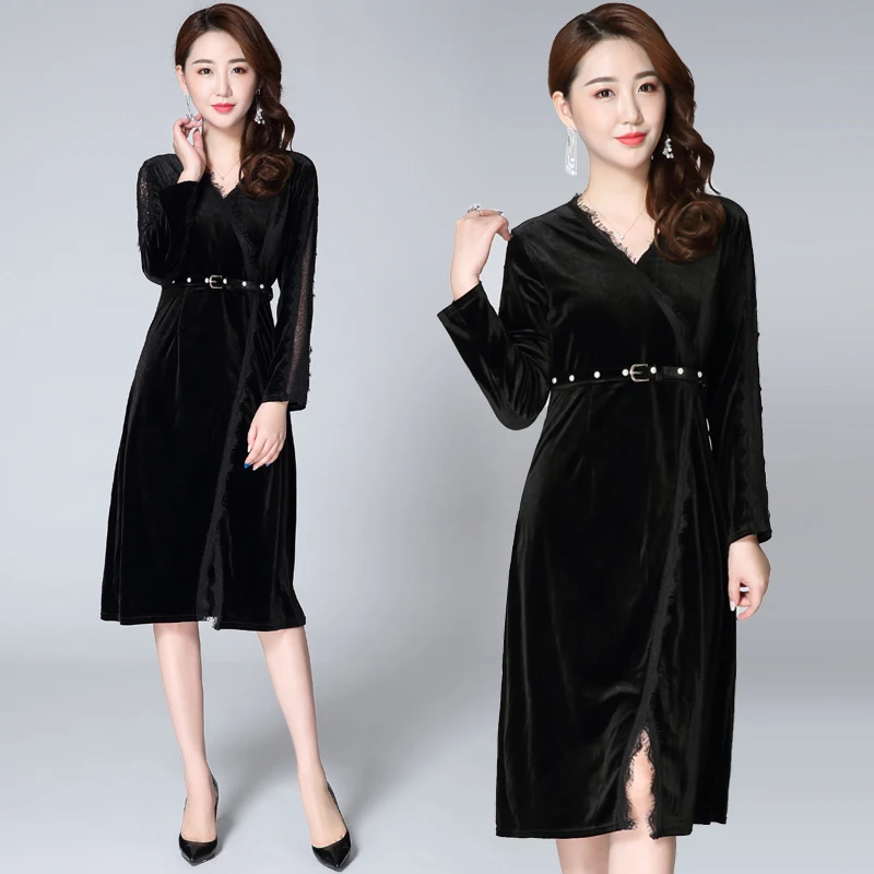 

Free Shipping Plus Size M-3XL Velour And Lace Patchwork Women Long Knee Length Autumn Velvet Long Sleeve V-neck Dress With Belt