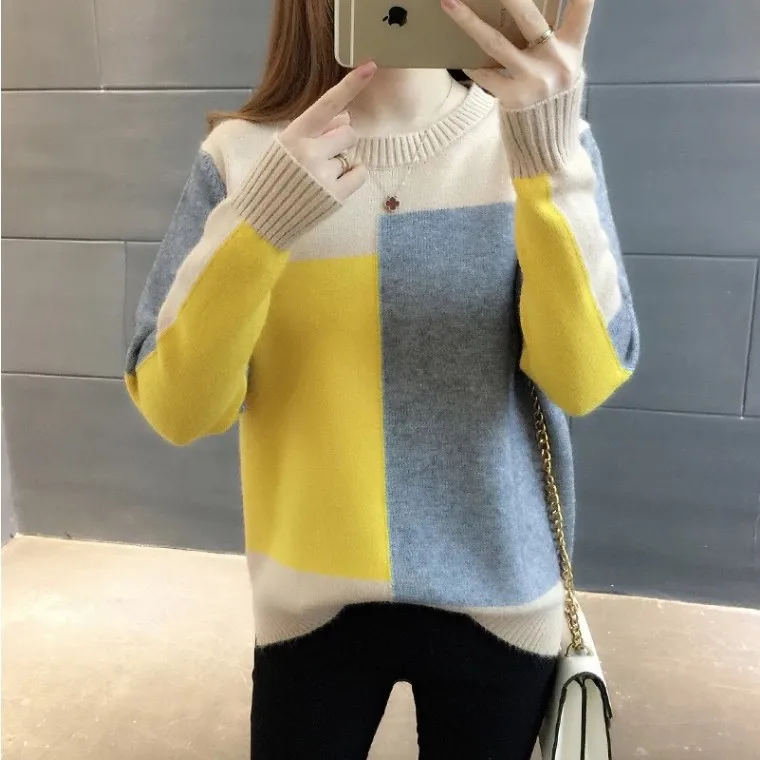 

2019 Candy Color Pullover Sweater Female Loose New Korean Version Of Color Matching Long-sleeved Knit Bottoming Shirt On Clothes