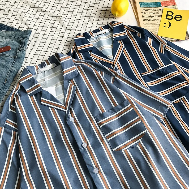 Темно-икона передний карман Гавайский стиль пляжные рубашки мужские летняя тропическая рубашка полосатые рубашки для мужчин с коротким рукавом