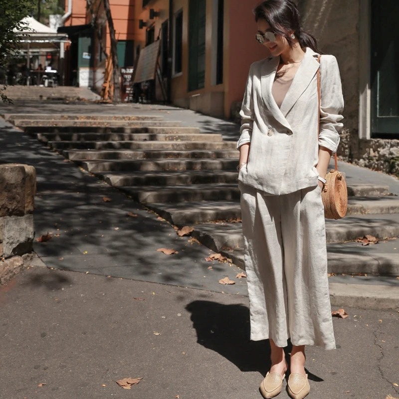 

female cotton and linen suit loose casual blazer&wide-leg pants suit blazer set pants suits elegant woman suits lady suit office