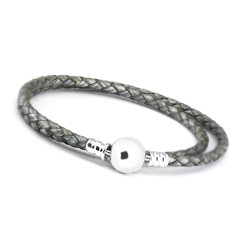 

Fits Original Charms Beads Grey Braided Double Brand Leather Bracelets Bangles Silver Round Clasp 925 Silver Jewelry PANDOCCI