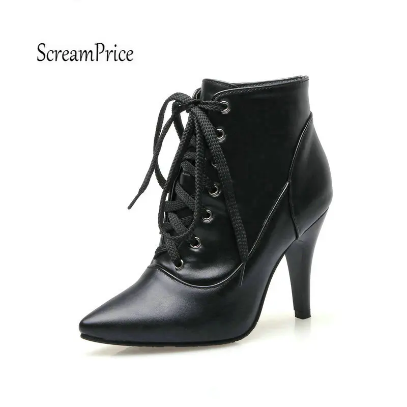 

Lace Up Martin Boots Pointed Toe High Heel Ankle Boots for Women Fashion Winter Ladies Booties Black Plus Size Dropshipping