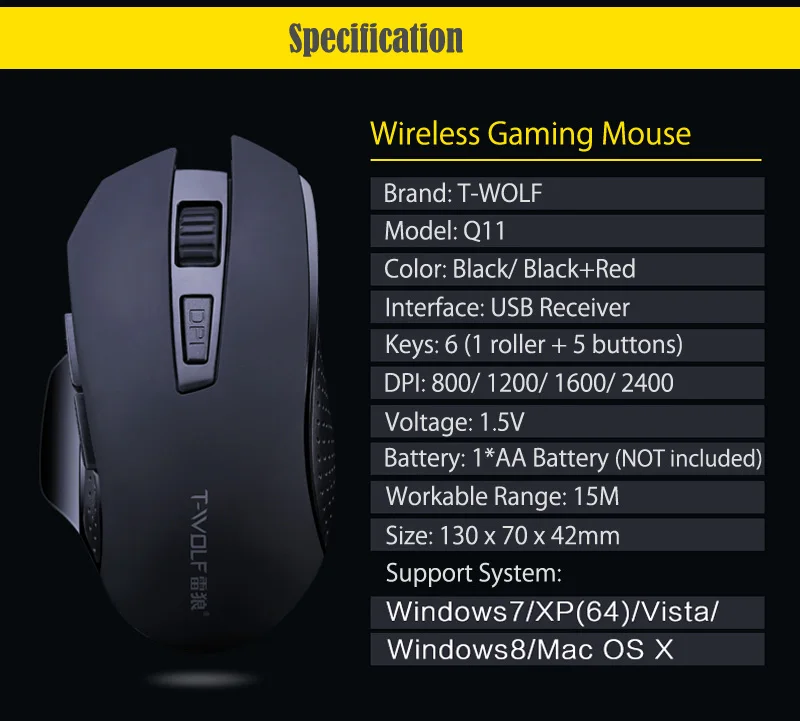 T-WOLF Q11 Mute Wireless Gaming Mouse 2400 DPI  (12)