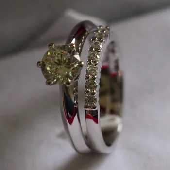 

Genuine Brand Custom Rings Set White Gold Jewelry for Women 1.5CT Simulate Diamond Prongs Engagement Set Female AU585 Band Ring