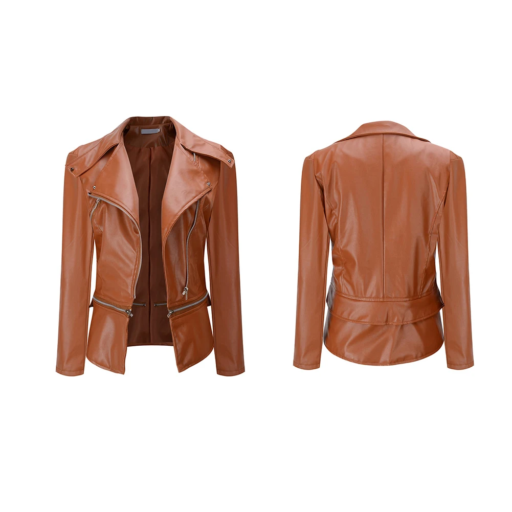 price cut  Women Autumn And Winter PU Locomotive Leather Jacket Coat Long Sleeve Lapel Collar Slim Zipper Two 
