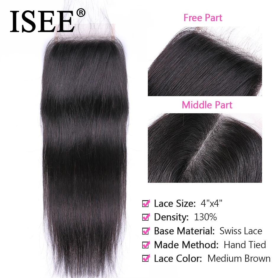 ISEE волосы малазийские прямые волосы закрытие часть Remy человеческие волосы "* 4" средняя коричневая швейцарская шнуровка