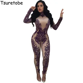 

Tsureobe Fashion Bodycon Printed Jumpsuit Women Long Sleeve Turtleneck Casual Jumpsuit Eelgant Beach Bodysuit Womens Romper Slim