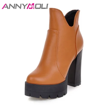 

ANNYMOLI Ankle Boots Women Winter Super High Heel Boots Zipper Platform Boots High Heel Short Shoes Red Yellow Plus Size 4-10.5