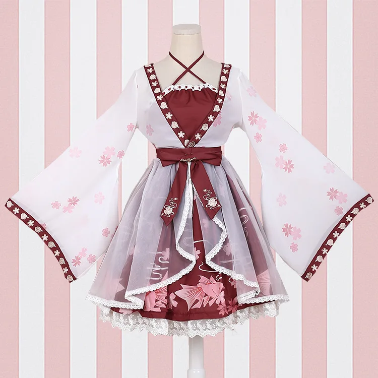 Billige Lolita Chinesischen stil goldfisch mädchen gefälschte zwei stücke Kleid druck EINTEILIGES Kleid Sakura blossom feier