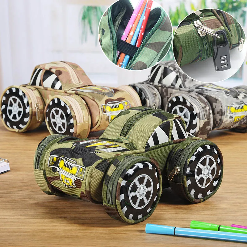 

Student Creative SUV Style Pencil Bag Large Camouflage Zipper Car Shape Canvas Pencil Case With Lock Stationery Gift