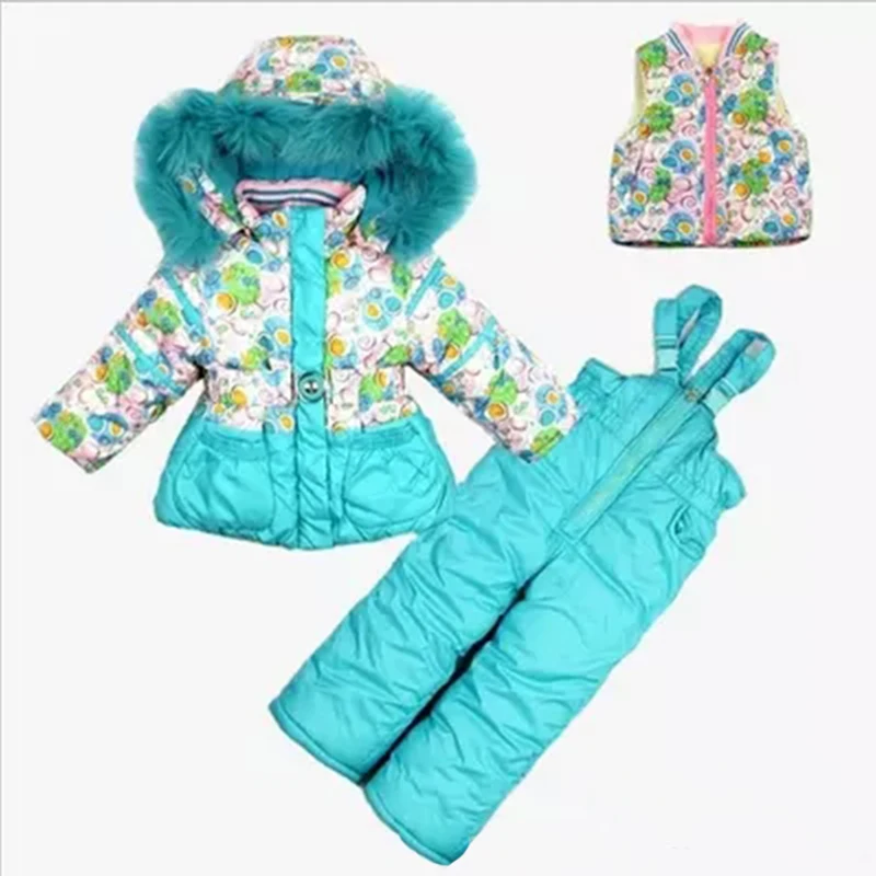 

2017 loss promotion baby girls ski suit sports sets kids flower printing winter coat Children clothing set 3 pcs