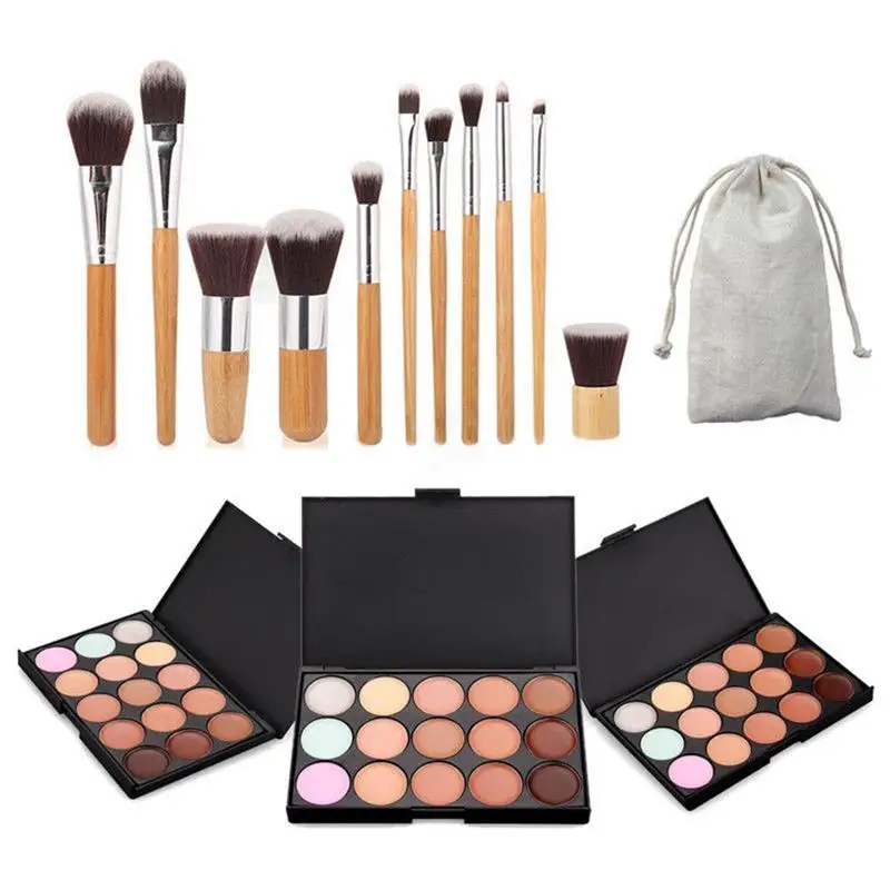 

15 Colors Concealer Palette Kit With 11pcs Bamboo Brush Face Makeup Contour Cream and Makeup Brushes Makeup Sets