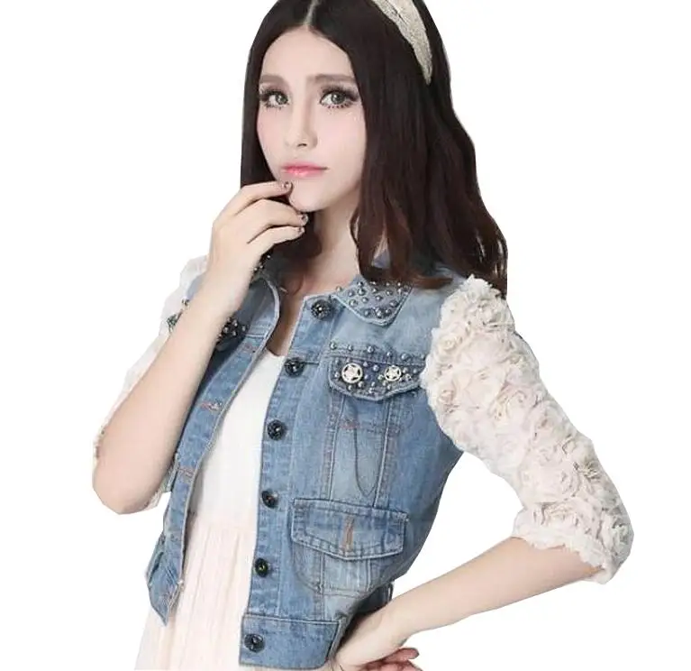 2016 new arrival Spring font b Women b font 3D Flower Lace Sleeve beaded Denim font