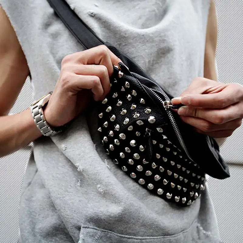 

Unisex Waist Bag Punk Multi-pocket Rivet PU Leather Waist Packs Women Men Travel Casual Multi Zipper Fanny Pack