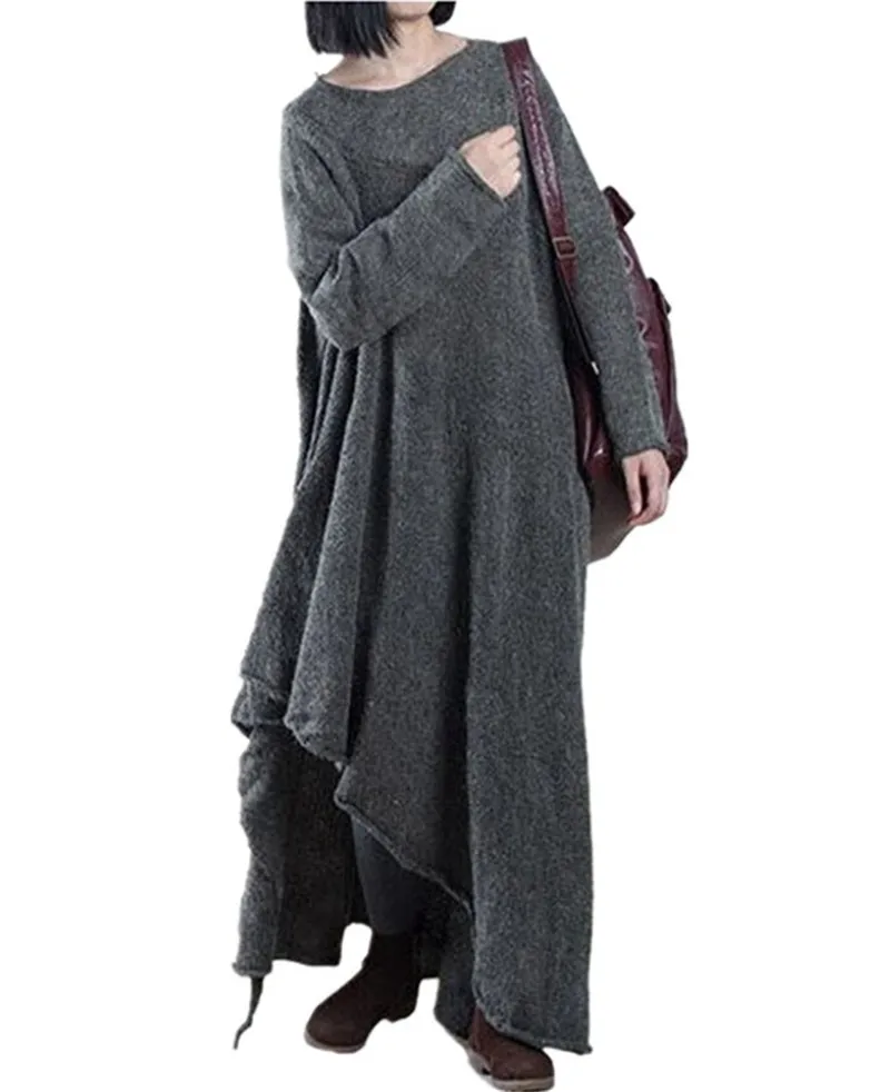 Здесь продается  Yesno JT9 Women Loose Maxi Woolen Knitted Sweater Dress Pullover Asymmetrical Hem Long Sleeve  Одежда и аксессуары