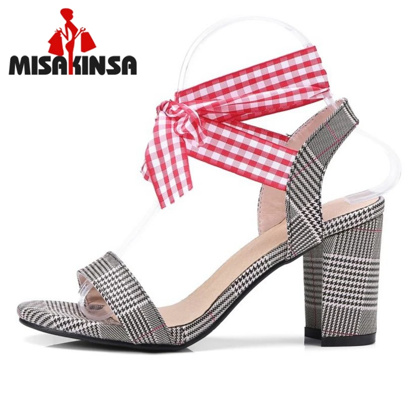 

MISAKINSA 4 Color Size 33-43 Women High Heel Sandals Open Toe Cross Strap Striped Sandals Summer Leisure Shoes Women Footwear