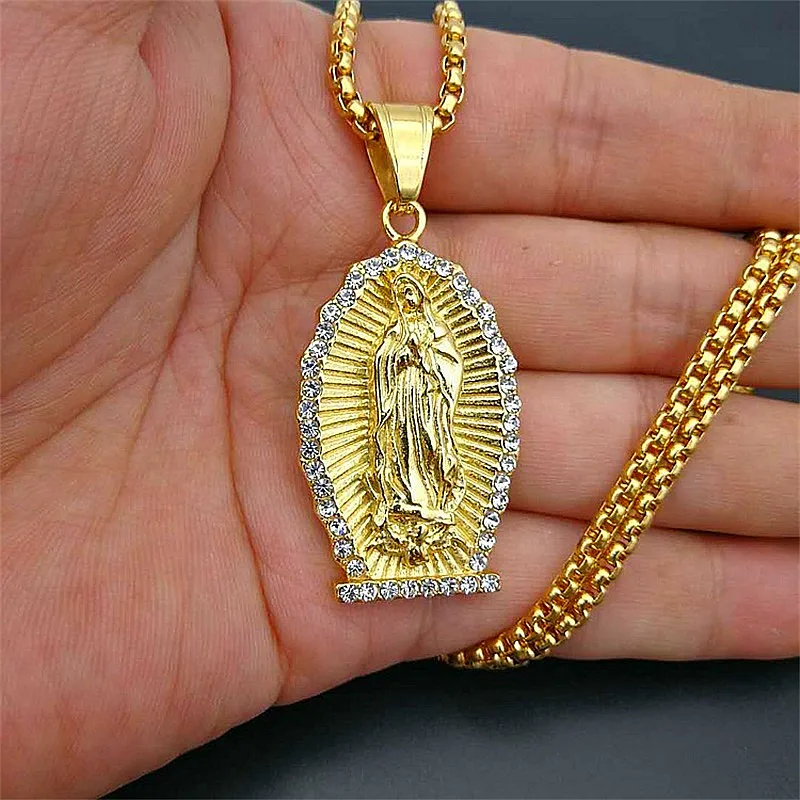 

Bling Crystal Catholic Holy Virgin Mary Necklaces Gold Color Stainless Steel Zircon Necklace & Pendant Hip Hop Jewelry Collares